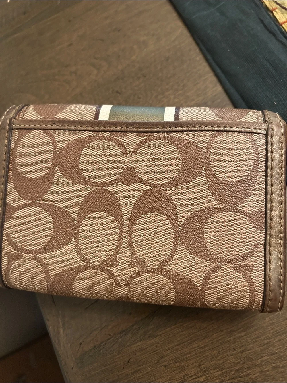 Coach Brown Signature Canvas Wallet with Green & White Stripe